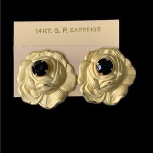 Large Gold and Black Floral Rose Gold Plated Earrings